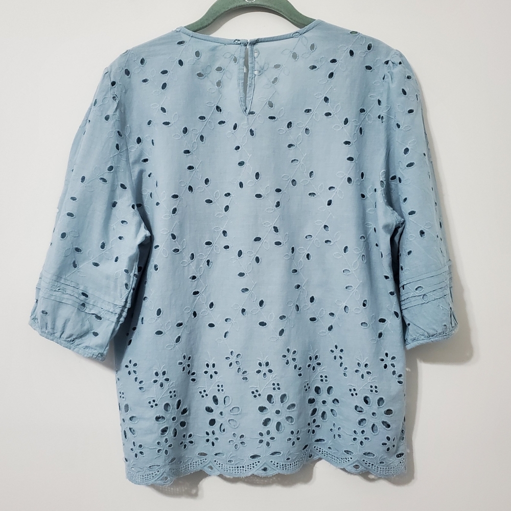 Womens Light Blue Eyelet Lace Peasant Top - Picture 5 of 9
